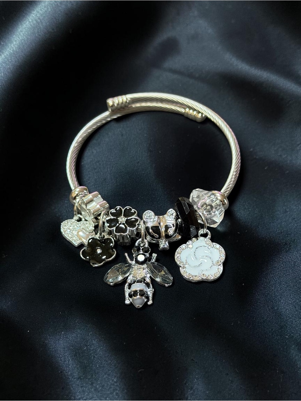 Silver Floral & Bee Charm Twisted Bangle- Women's Jewelry